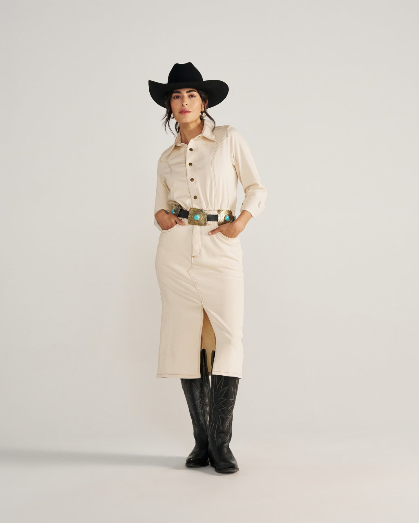 Women's Long Sleeve Natural Denim Midi Dress | Tecovas Women